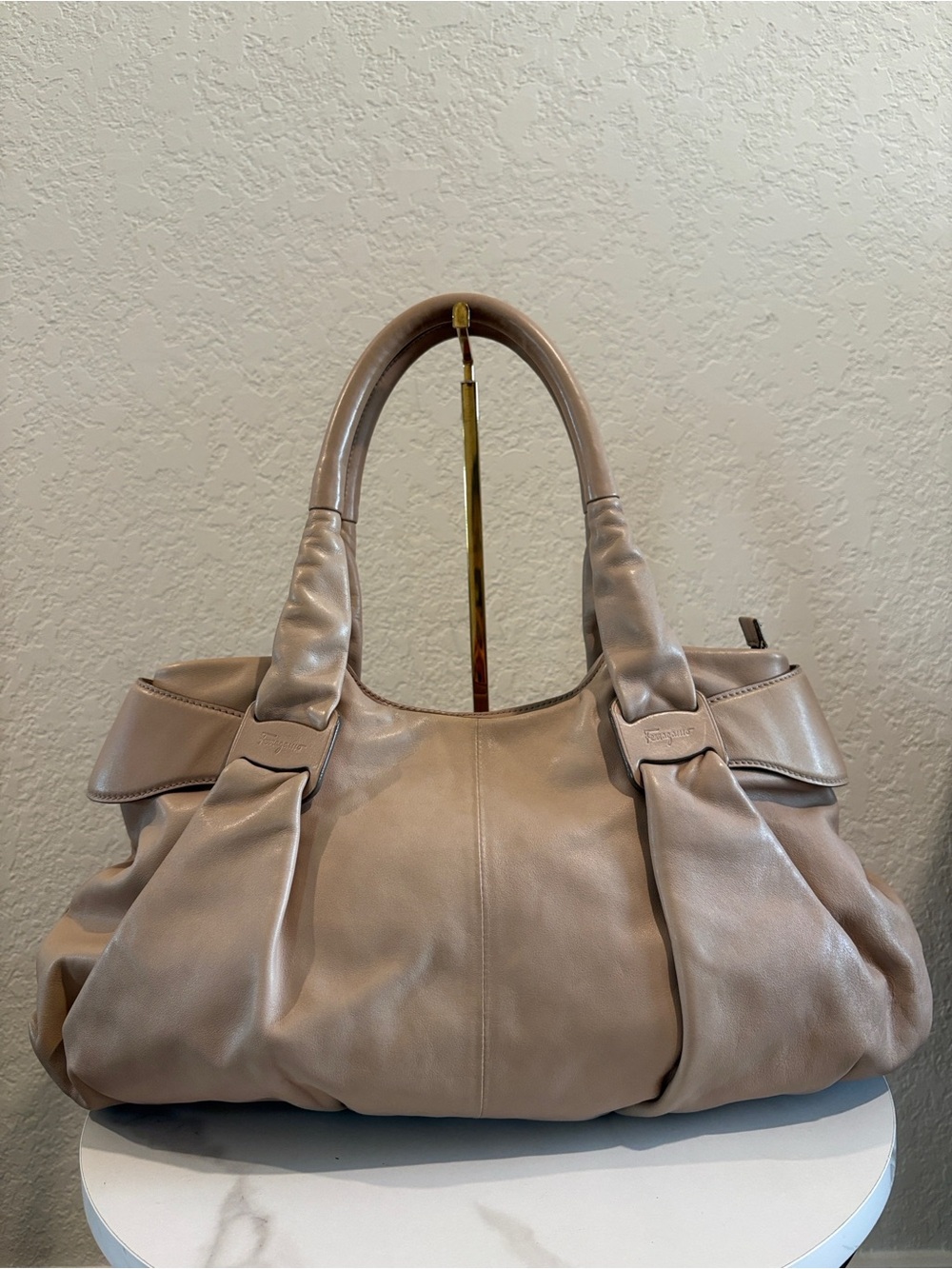Salvatore Ferragamo Taupe Soft Leather Satchel Handbag
